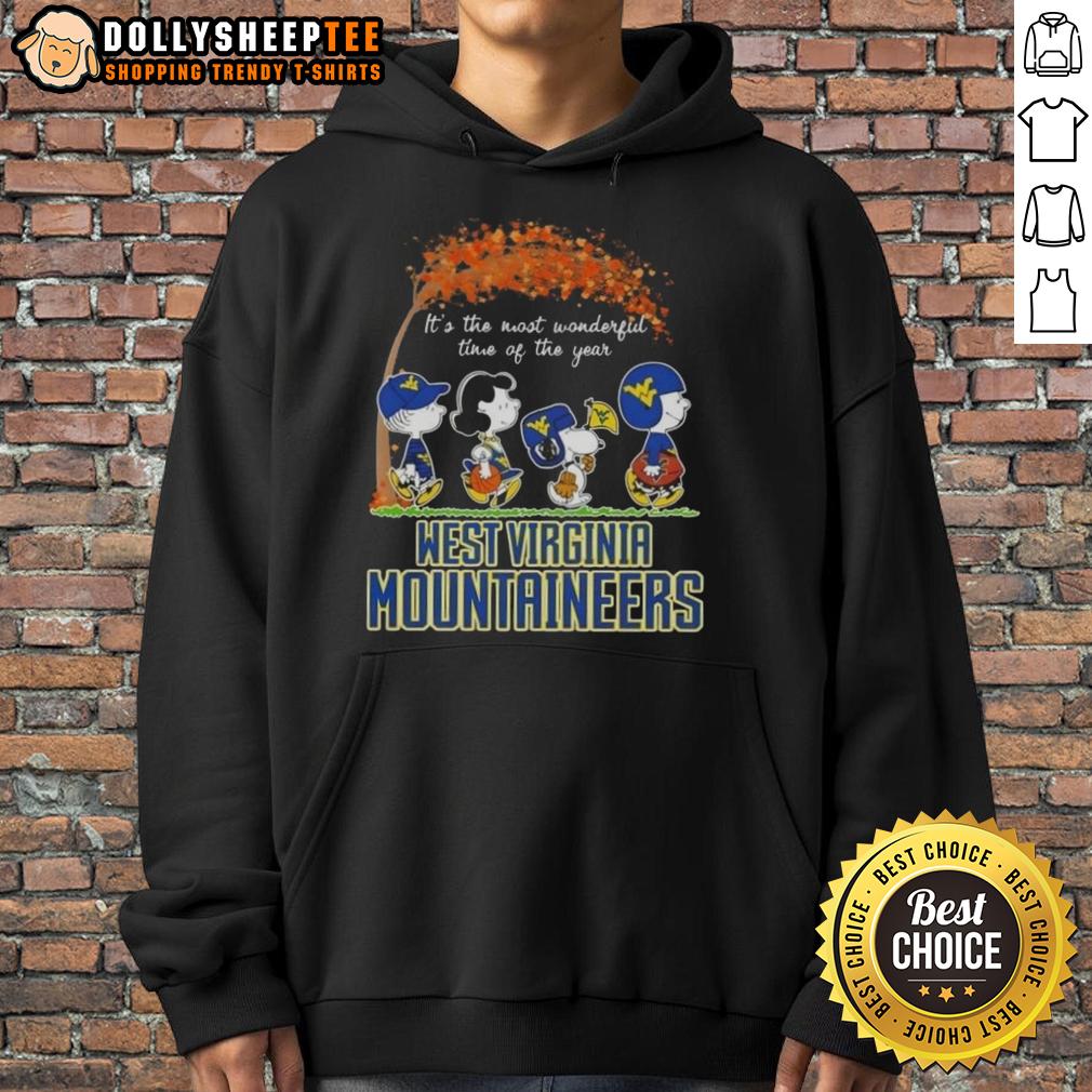 Awesome West Virginia Mountaineers X Peanuts Snoopy And Friends Autumn It's The Most Wonderful Time Hoodie Alt Text: Cozy hoodie featuring Awesome West Virginia Mountaineers, Snoopy, and friends celebrating autumn magic.