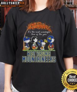 Awesome West Virginia Mountaineers X Peanuts Snoopy Autumn Tee for ladies, celebrating fall and team spirit.