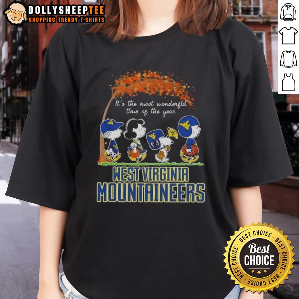 Awesome West Virginia Mountaineers X Peanuts Snoopy And Friends Autumn It's The Most Wonderful Time Ladies-Tee Awesome West Virginia Mountaineers X Peanuts Snoopy Autumn Tee for ladies, celebrating fall and team spirit.