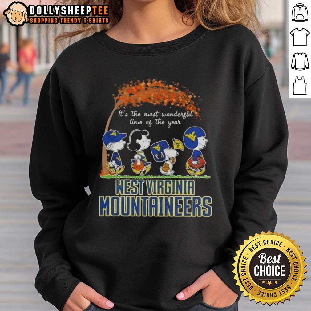 Awesome West Virginia Mountaineers X Peanuts Snoopy And Friends Autumn It's The Most Wonderful Time Sweatshirt Awesome West Virginia Mountaineers sweatshirt featuring Snoopy and friends in autumn, perfect for fall sports fans.