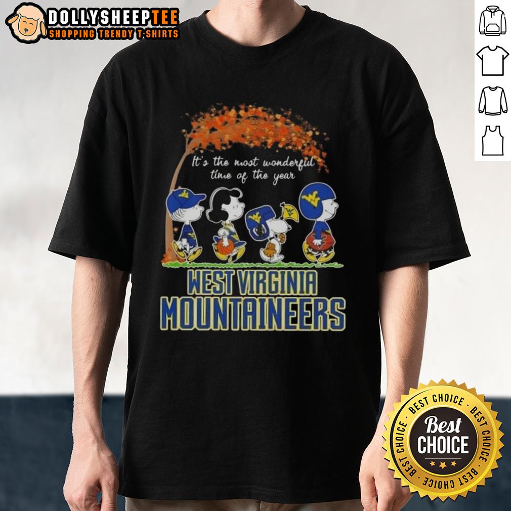 Awesome West Virginia Mountaineers X Peanuts Snoopy And Friends Autumn It's The Most Wonderful Time T-Shirt Awesome West Virginia Mountaineers X Peanuts Snoopy T-Shirt celebrating autumn with colorful graphics and festive design.