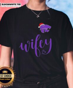 Awesome Wifey Kansas State Wildcats Santa Hat Merry Christmas Ladies Tee in festive holiday design for fans.