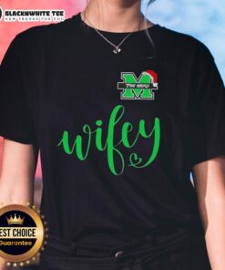 Awesome Wifey Marshall Thundering Herd Santa Hat Merry Christmas ladies tee featuring festive design and vibrant colors.