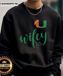 Awesome Wifey Miami Hurricanes sweatshirt with Santa hat, perfect for a Merry Christmas celebration.