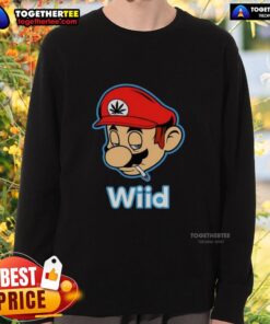 Alt Text: Awesome Wiid Super Mario Smoking Weed Sweatshirt featuring a colorful Mario graphic with a cannabis theme.