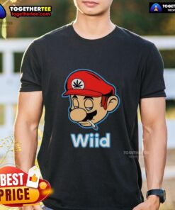 Awesome Wiid Super Mario smoking weed t-shirt featuring a playful design of Mario with cannabis leaves.
