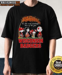 Awesome Wisconsin Badgers X Peanuts Snoopy and Friends autumn t-shirt celebrating 'It's the Most Wonderful Time of the Year'.