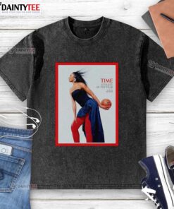 Aja Wilson wearing a stylish washed t-shirt celebrating her title as Time's Athlete of the Year in the WNBA.
