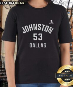 Alt Text: Awesome Wyatt Johnston Dallas Stars ice hockey ladies tee featuring name and number 53 for fans.