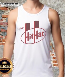 Funny KitKat Hit Hat meme on a tank top referencing the Twin Towers incident from 9/11, showcasing humor in dark contexts.