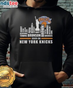 Cute 2025-26 New York Knicks Basketball hoodie featuring city skyline design and player names, perfect for fans.
