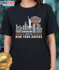Alt Text: Cute New York Knicks Basketball ladies tee featuring city skyline and all player names for 2025-26 season.