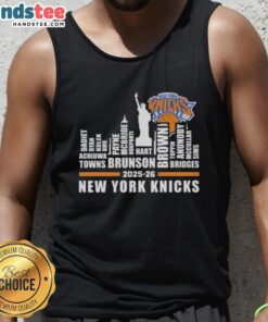 Cute 2025-26 New York Knicks basketball tank top featuring city skyline and player names design.