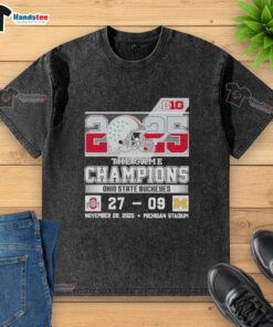 Alt Text: Ohio State Buckeyes fans celebrate in a washed t-shirt after defeating Michigan at The Game in Big Ten Championship.
