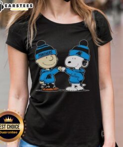 Cute Carolina Panthers Snoopy and Charlie Brown best friends graphic on a ladies tee shirt.