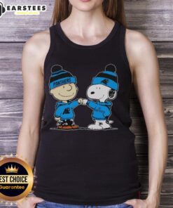 Alt Text: Cute Carolina Panthers tank top featuring Snoopy and Charlie Brown as best friends, perfect for fans.