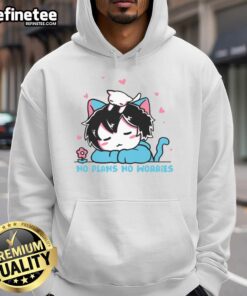 Adorable boy wearing a 'No Plans No Worries' hoodie with a cute cat design, perfect for cozy casual wear.