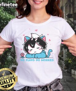 Adorable cat boy graphic on a relaxed ladies tee, perfect for those with no plans and no worries.