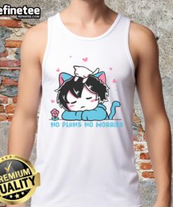 Adorable boy wearing a 'No Plans No Worries' tank top featuring a cute cat design, perfect for casual summer outings.