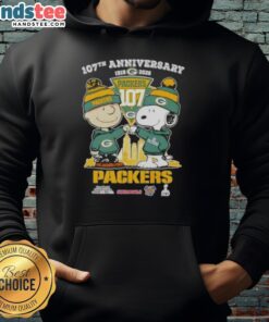 Alt Text: Cute Charlie Brown and Snoopy hoodie celebrating 107th anniversary with Green Bay Packers football skyline design.