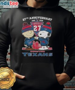 Alt Text: Cute Charlie Brown and Snoopy hoodie celebrating 27th anniversary with Houston Texans football skyline design.