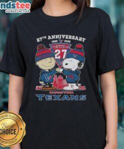 Alt Text: Cute Charlie Brown and Snoopy 27th Anniversary tee featuring Houston Texans skyline, perfect for fans.