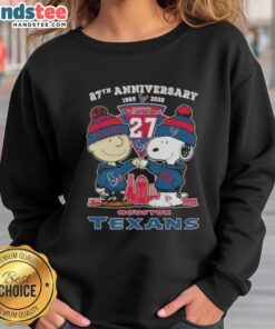 Alt Text: Cute Charlie Brown and Snoopy 27th Anniversary Houston Texans football skyline sweatshirt design, 1999-2026.
