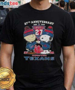 Alt Text: Cute Charlie Brown and Snoopy 27th Anniversary T-Shirt celebrating Houston Texans football with skyline design.