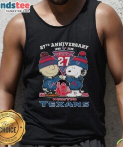 Alt Text: Cute Charlie Brown and Snoopy tank top celebrating 27th anniversary with Houston Texans football skyline design.