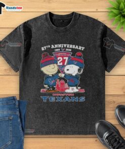 Cute Charlie Brown and Snoopy 27th Anniversary T-shirt featuring Houston Texans football skyline design.