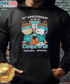 Alt Text: Cute Charlie Brown and Snoopy hoodie celebrating 61st anniversary, featuring Miami Dolphins football skyline design.
