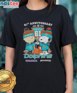 Cute Charlie Brown and Snoopy 61st Anniversary Miami Dolphins Football Skyline Ladies Tee, 1965-2026 design.