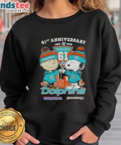 Alt Text: Cute Charlie Brown and Snoopy 61st Anniversary sweatshirt featuring Miami Dolphins football skyline design.