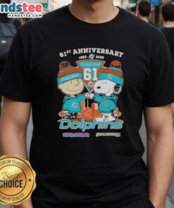 Alt Text: Cute Charlie Brown and Snoopy 61st Anniversary T-Shirt celebrating Miami Dolphins Football with skyline design.