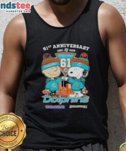 Alt Text: Cute Charlie Brown and Snoopy 61st Anniversary tank top celebrating Miami Dolphins football with skyline design.