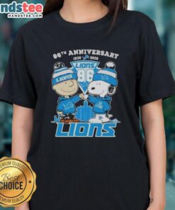 Alt Text: Cute Charlie Brown and Snoopy 96th Anniversary tee featuring Detroit Lions skyline, perfect for fans celebrating 1930-2026.