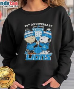 Cute Charlie Brown and Snoopy 96th Anniversary sweatshirt celebrating 1930-2026 with Detroit Lions football skyline design.
