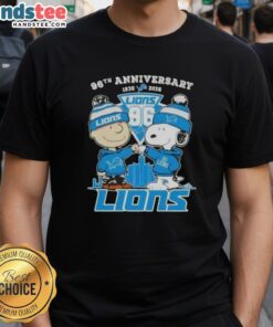 Cute Charlie Brown and Snoopy 96th Anniversary Detroit Lions Football Skyline T-Shirt design 1930-2026.