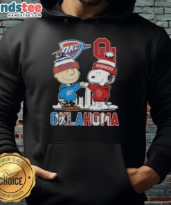 Alt Text: Cute Charlie Brown and Snoopy in Oklahoma City Sports Thunder x Sooners skyline hoodie design.