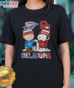 Alt Text: Cute Charlie Brown and Snoopy graphic on Oklahoma City Sports Thunder x Sooners ladies tee shirt.