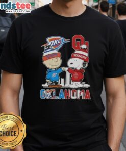 Alt Text: Cute Charlie Brown and Snoopy on Oklahoma City Sports Thunder X Sooners Skyline T-Shirt design.