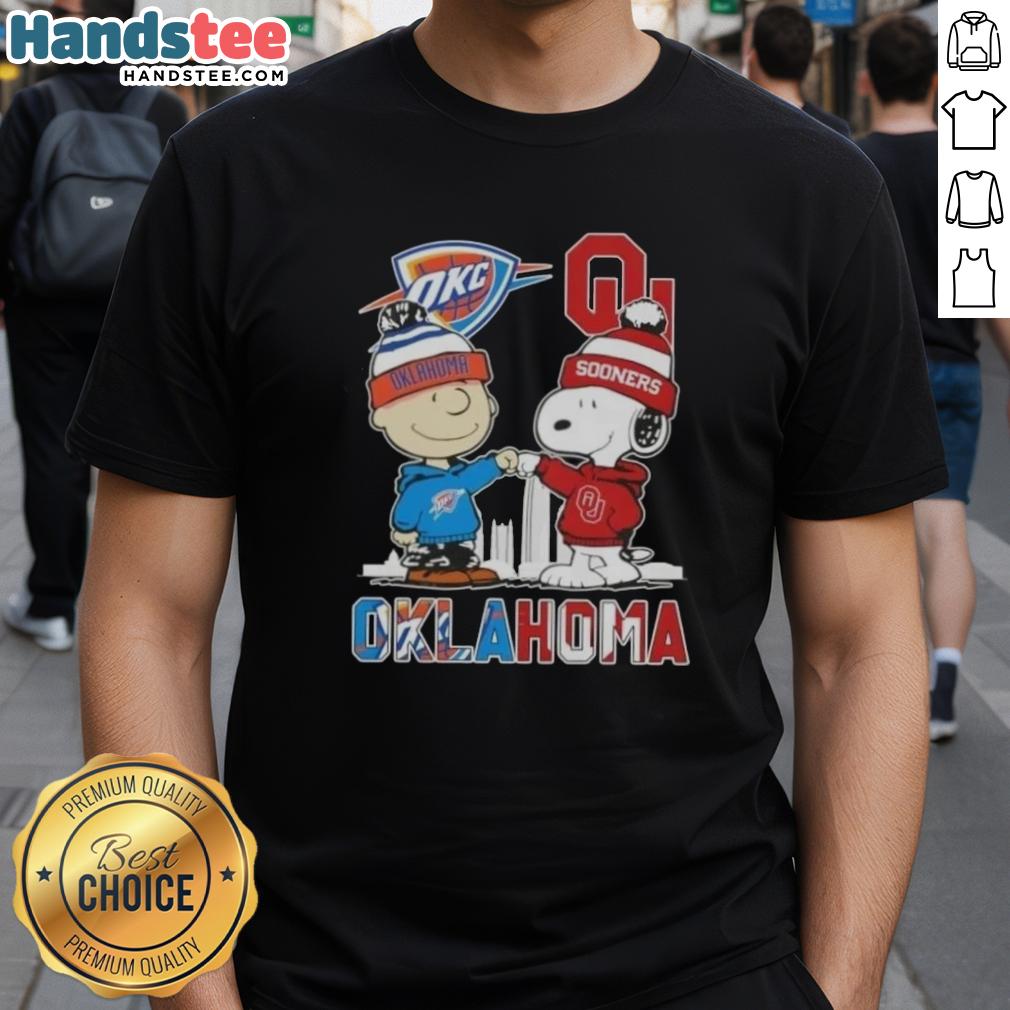 cute-charlie-brown-and-snoopy-oklahoma-city-sports-thunder-x-sooners-skyline-t-shirt Alt Text: Cute Charlie Brown and Snoopy on Oklahoma City Sports Thunder X Sooners Skyline T-Shirt design.
