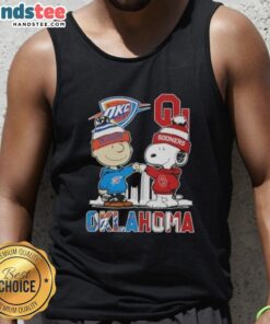 Cute Charlie Brown and Snoopy graphic on Oklahoma City Sports Thunder x Sooners skyline tank top design.