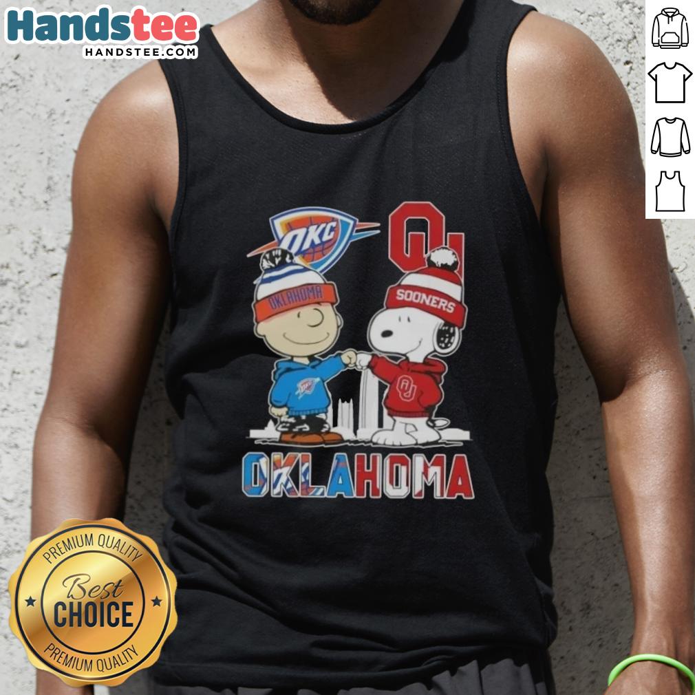 cute-charlie-brown-and-snoopy-oklahoma-city-sports-thunder-x-sooners-skyline-tank-top Cute Charlie Brown and Snoopy graphic on Oklahoma City Sports Thunder x Sooners skyline tank top design.