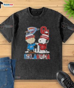 Alt Text: Cute Charlie Brown and Snoopy on an Oklahoma City Skyline washed t-shirt featuring Thunder and Sooners logos.