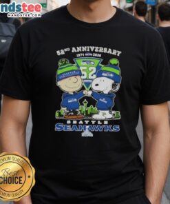 Alt Text: Cute Charlie Brown and Snoopy Super Bowl 52nd Anniversary T-Shirt featuring Seattle Seahawks football skyline design.