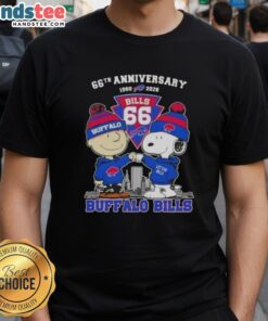 Alt Text: Cute Charlie Brown and Snoopy celebrating Super Bowl 66th Anniversary 1960-2026 in Buffalo Bills football T-shirt