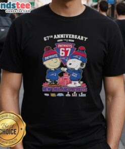 Alt Text: Cute Charlie Brown and Snoopy Super Bowl 67th Anniversary T-shirt featuring New England Patriots football skyline design.