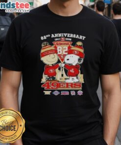 Alt Text: Cute Charlie Brown and Snoopy celebrate Super Bowl 82nd Anniversary on San Francisco 49ers football T-shirt design.