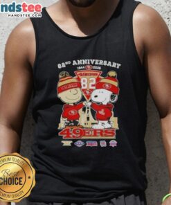 Alt Text: Cute Charlie Brown and Snoopy celebrate Super Bowl 82nd Anniversary on a San Francisco 49ers tank top.